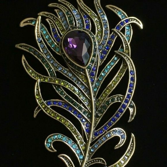 Heidi Daus Art Nouveau feather shaped brooch size 4.25”x2 3/8” antique brass - Picture 9 of 9